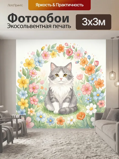 Фотообои Котёнок в цветочном венке