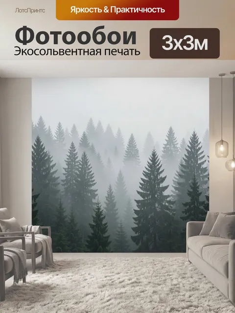 Фотообои Туманный лес из елей и сосен