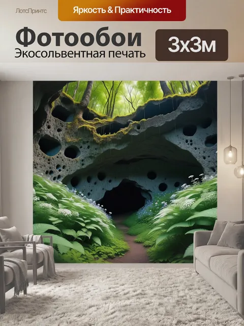 Фотообои цветущий лес с пещерой в центре