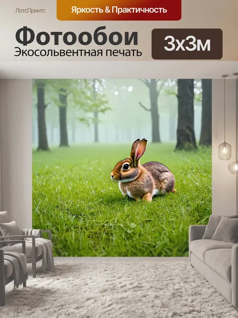 Фотообои охота: утренний туман на поляне, зайцы прячутся в траве, нежные тона акварели