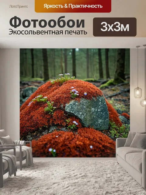 Фотообои красный мох, покрывающий камень в лесу, с маленькими цветами, растущими вокруг