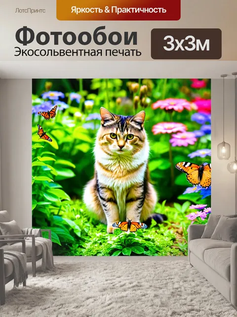 Фотообои кот, сидящий в ухоженном саду с бабочками