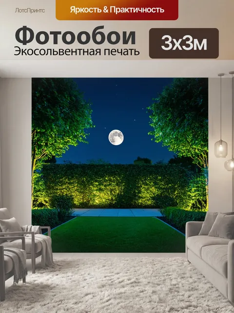 Фотообои ночь в стиле минимализм, сад с мягким светом луны сквозь деревья