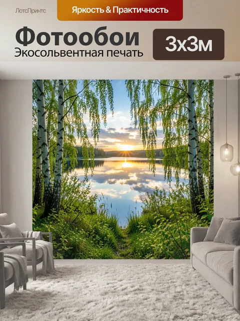 Фотообои Березовый берег у озера на закате