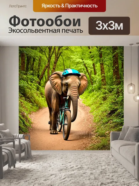 Фотообои слон и хомяк, катающиеся на велосипедах по узкой дорожке в лесу