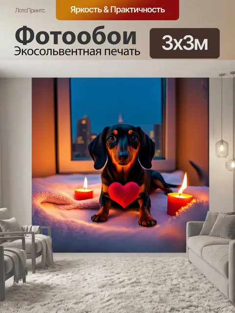 Фотообои такса, лежащая на мягком пледе, окруженная горящими свечами, создавая романтическую атмосферу