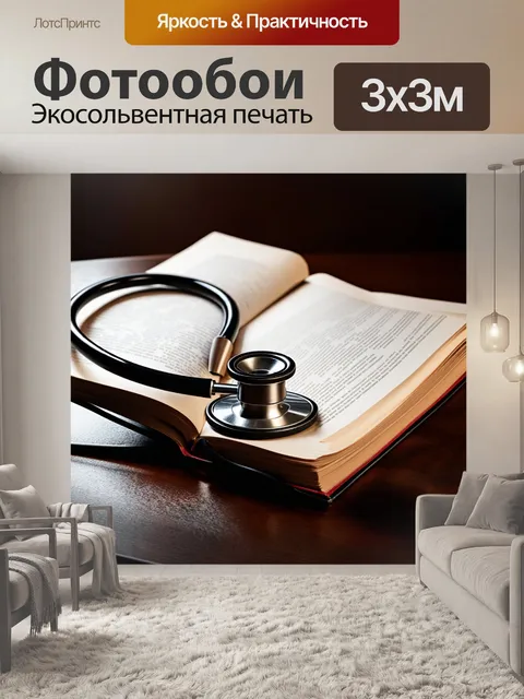 Фотообои стетоскоп, лежащий на открытой книге медицинских справочников, на фоне стола из темного дерева с блестящими…