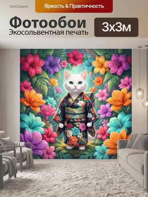 Фотообои Белый кот в цветочном кимоно