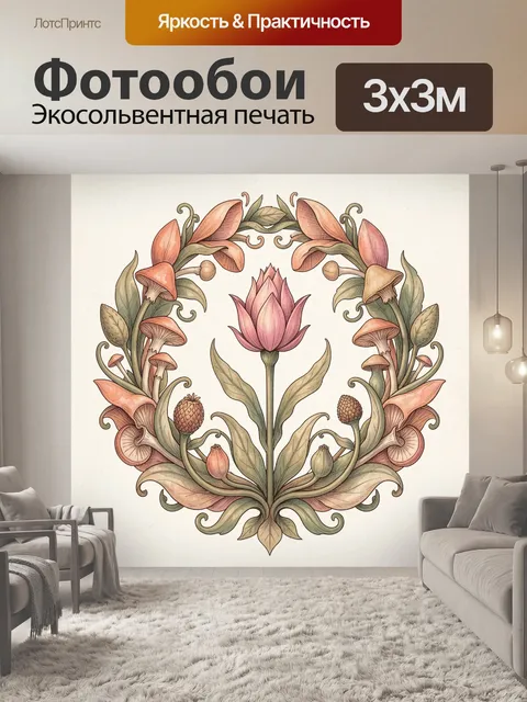 Фотообои Ботанический венок с розовым цветком