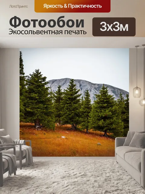 Фотообои сосновые деревья у подножия горы, создающие теплое окружение