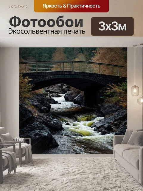Фотообои мост через сильный поток воды, окружённый темными скалами и яркой растительностью