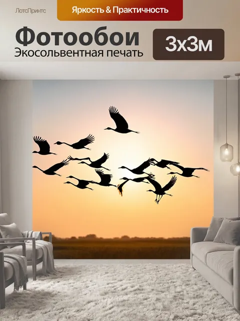 Фотообои охота: в небе стайка летящих журавлей, их силуэты возвышаются на фоне заката