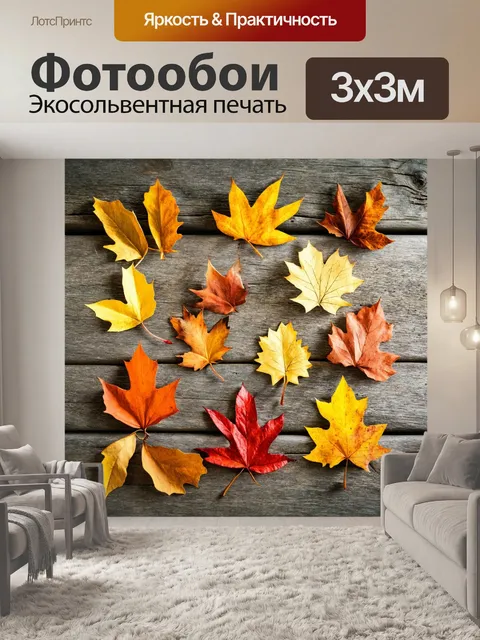 Фотообои коллекция разных осенних листьев, разложенных на старом деревянном столе