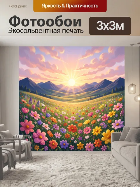 Фотообои Цветущий луг у гор на рассвете