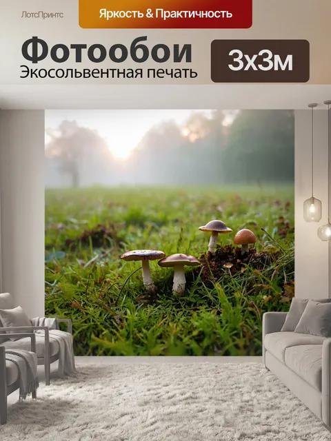 Фотообои поляна рано утром, покрытая густым туманом, с намеками на первые солнечные лучи, и редкими растениями, среди…