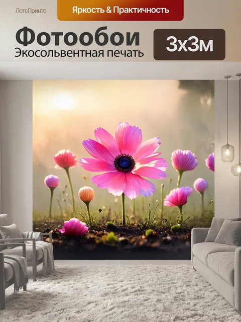 Фотообои яркий анемон, расцветающий на фоне утреннего тумана, его цветные лепестки словно светятся изнутри