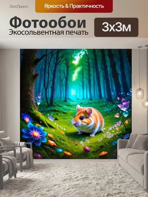 Фотообои хомяк, изучающий волшебный лес, где деревья светятся в темноте, а цветы выглядят как кристаллы