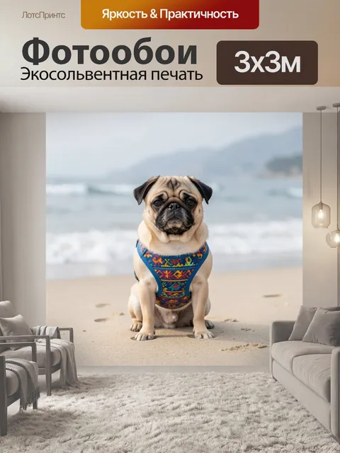 Фотообои Мопс на пляже в яркой шлейке