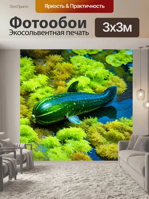 Фотообои кабачковая рыба, плавающая среди водорослей в пруду, с яркими цветами и текстурами, запечатленными в стиле…