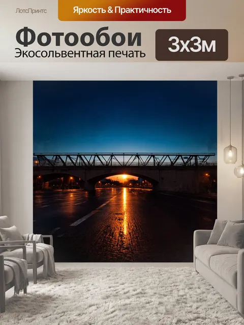 Фотообои в резко контрастирующем свете восходящего солнца, дворцовый мост предстает в полумраке ночи