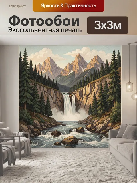 Фотообои Горный водопад среди елей
