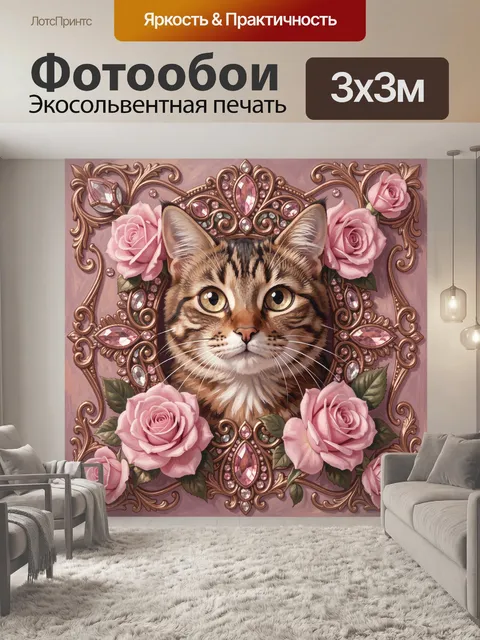 Фотообои Кот среди роз и драгоценных камней