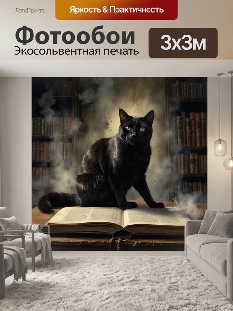 Фотообои черная кошка на старой книге