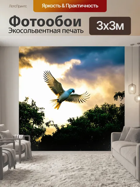 Фотообои корелла, взлетающая с деревьев в утреннем свету, на фоне облаков и сказочного неба