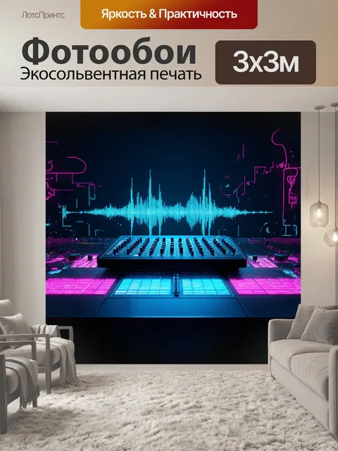 Фотообои микшерный пульт, окруженный динамическими графическими представлениями звуковых колебаний, словно живое…