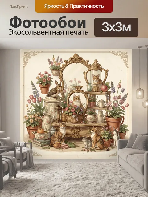 Фотообои Кошки у цветочного чайного стола