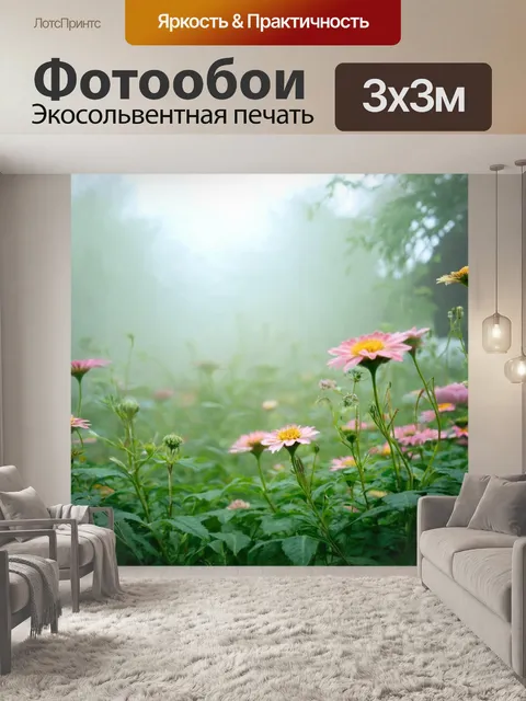 Фотообои туман в стиле арт-нуво, летние цветы, окруженные легким туманом, создание атмосферы свежести и лёгкости