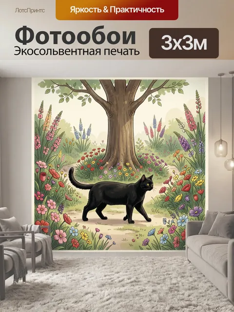 Фотообои Черный кот в цветущем саду