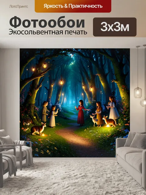 Фотообои тёмный, загадочный лес с цветными светлячками, освещающими путь к волшебной чайной вечеринке, в окружении…