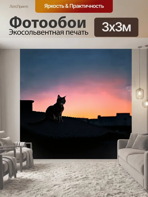 Фотообои кошка, сидящая на крыше старинного дома, наблюдает за закатом