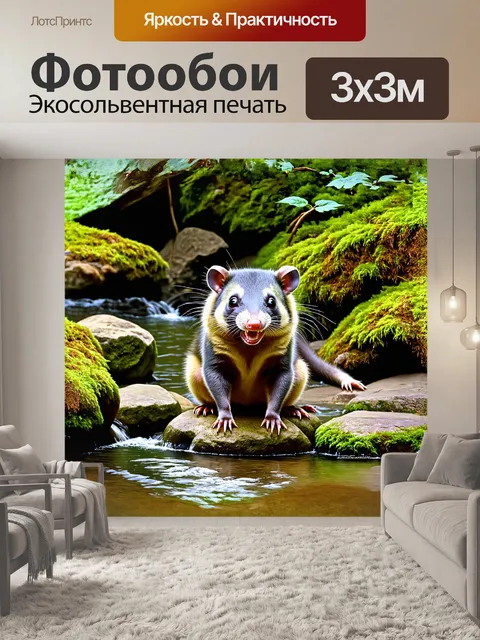 Фотообои опоссум, сидящий на камнях у ручья, отрыжка открыта, выставляя острые зубы