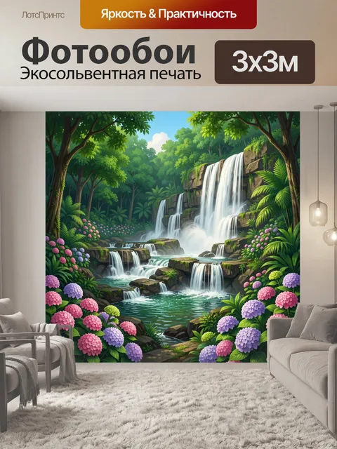 Фотообои Лесной водопад среди гортензий