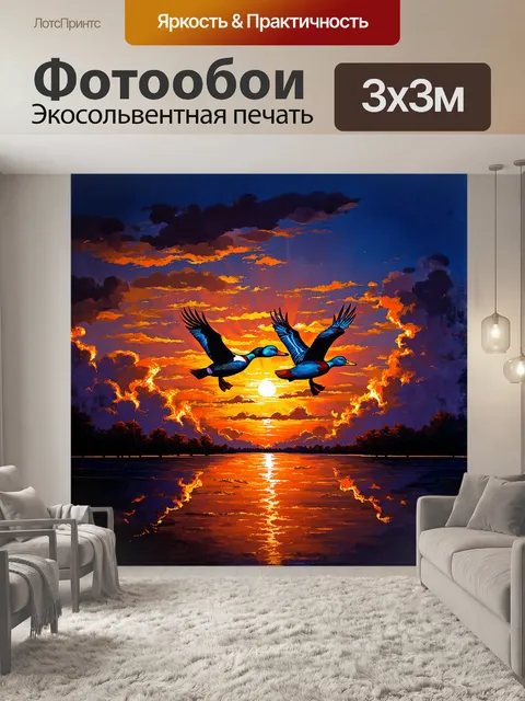 Фотообои две утки, парящие в небе, на фоне яркого заката