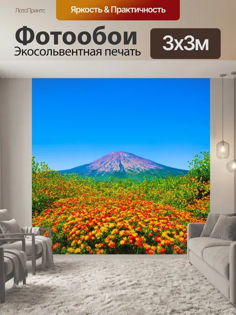 Фотообои панорама горной цепи под ясным небом с яркими, красочными цветами на переднем плане