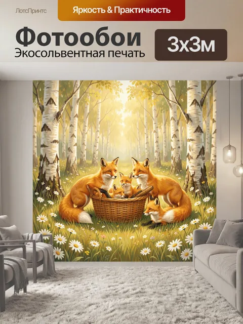 Фотообои Лисы в корзине среди берёз