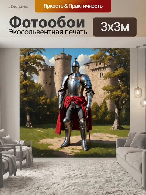 Фотообои винтаж с изображением древних рыцарских доспехов, выставленных на фоне старого замка