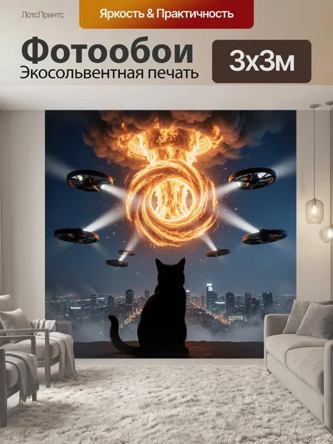 Фотообои Силуэт чёрной кошки на переднем плане на фоне ночного города на горизонте