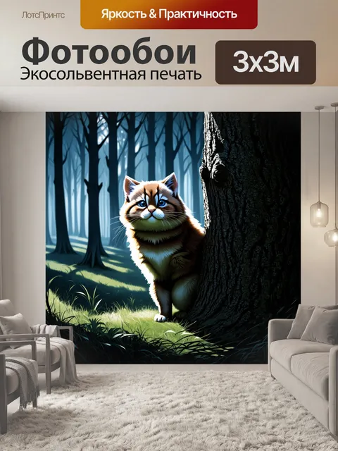 Фотообои темный лес, где манул прячется за деревом, наблюдая за окружающим миром
