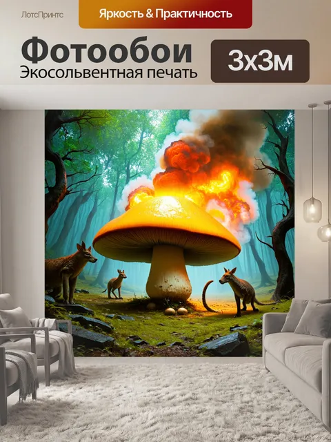 Фотообои ядерный гриб, возникающий в центре древнего леса, деревья завиваются дымом, а животные, не ведающие страха…