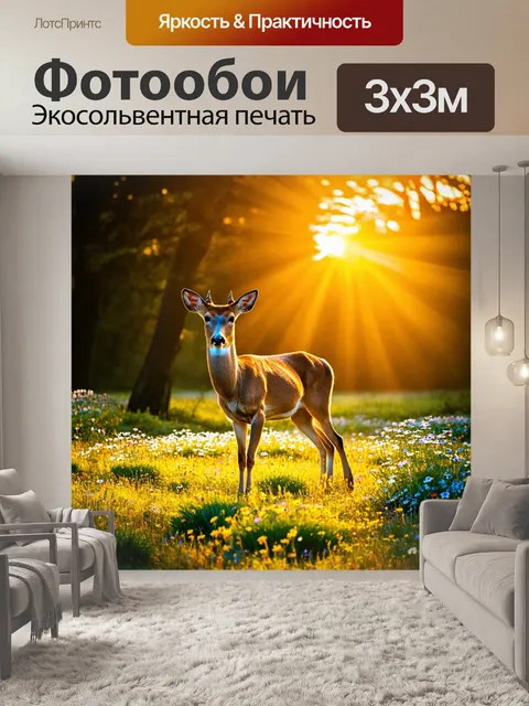 Фотообои с оленем, освещённым лучами заката в лесной поляне, где растут яркие цветы