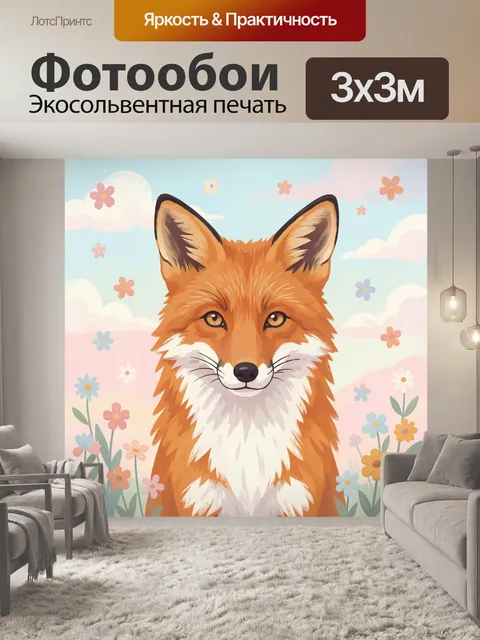 Фотообои Лисёнок среди облаков и цветов