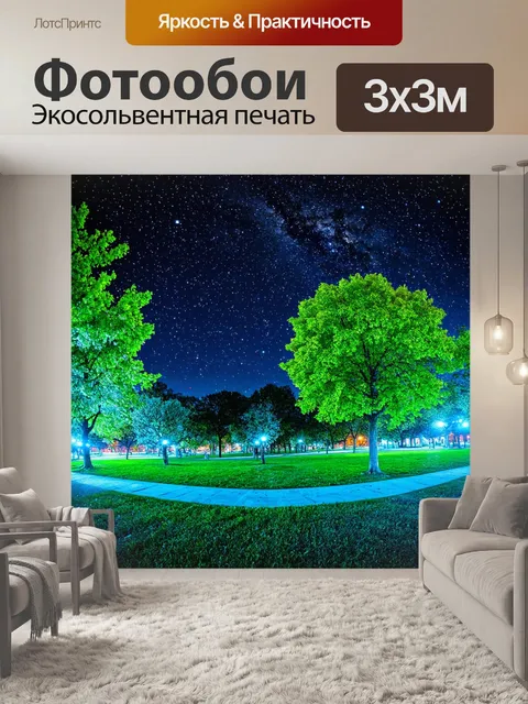 Фотообои ночь в стиле двойная экспозиция с парком и звёздным небом