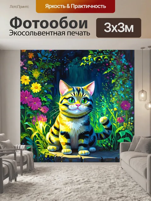 Фотообои изобразите чеширского кота, который появляется и исчезает в таинственном саду, где цветы светятся в темноте