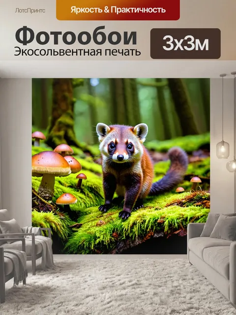 Фотообои куница, активно исследующая мохнатый лесной пол, среди грибов и яркой растительности