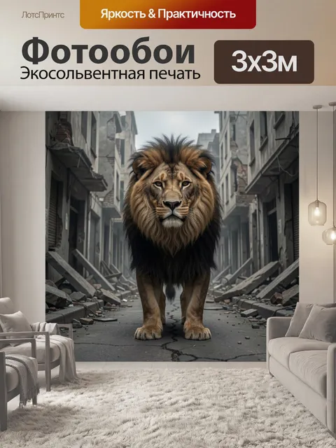 Фотообои Лев в разрушенном городе