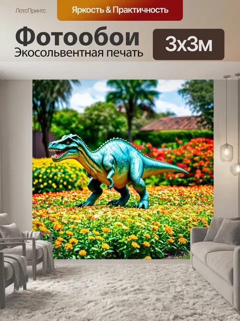Фотообои динозавр в старом саду с нежными цветами, светлая атмосфера и идиллический пейзаж